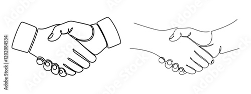 Set of two hands shaking line art drawing, symbolizing agreement and partnership with elegant simplicity