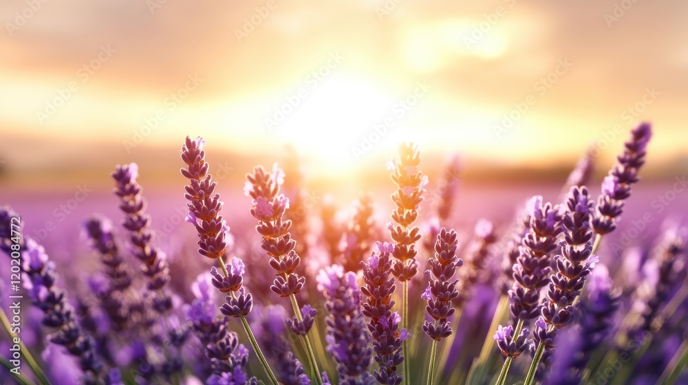 Naklejka premium This stunning image captures lavender blooms basking in the soft glow of a sunset, creating an enchanting atmosphere filled with vibrant colors and a sense of calm.