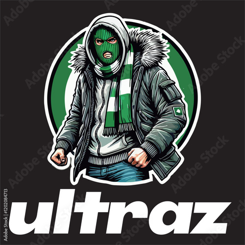 illustration vector graphic of Football fans ultras casual hooligan wear green mask balaclava with football scarf design for logo, t-shirt, etc