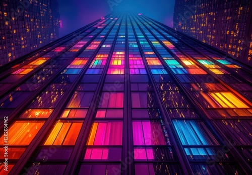 Wallpaper Mural Vibrant Nighttime Cityscape with Illuminated Windows Reflecting Colorful Lights Under Fog in Urban Environment Torontodigital.ca
