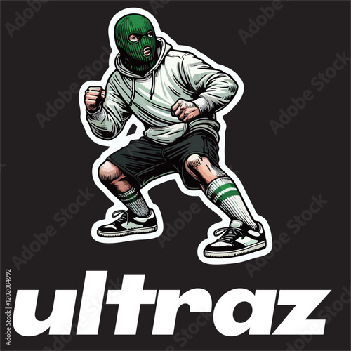 illustration vector graphic of Football fans ultras casual hooligan wear green mask balaclava with football scarf design for logo, t-shirt, etc