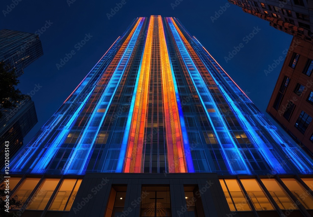 Vibrant Nighttime Display of Colorful Lights on a Modern Skyscraper Showcasing Architectural Beauty Against a Deep Blue Sky Vibrant Nighttime Display of Colorful Lights on a Modern Skyscraper Showcasing Architectural Beauty Against a Deep Blue Sky
