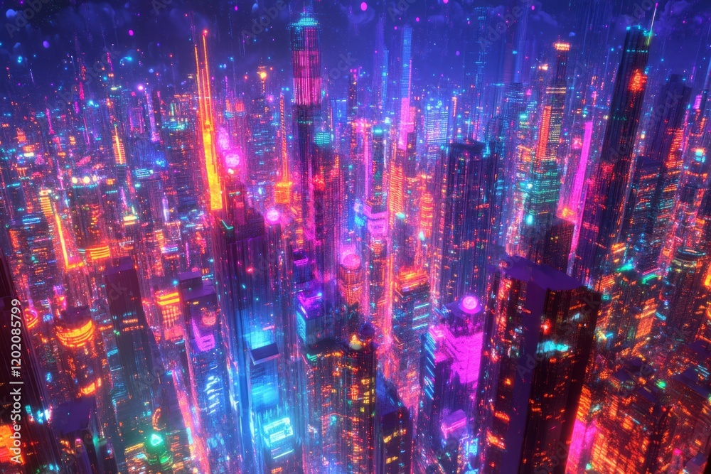 Obraz premium Neon Cityscape Vibrant Towers Illuminated Night