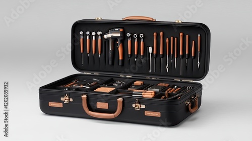 Tool case displays electric drill, screwdriver components, and various tools, presenting a minimalistic design on a clean white background