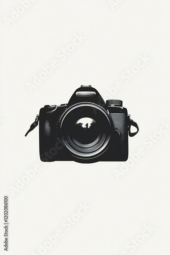Vintage digital SLR camera with lens and zoom feature, isolated on white background