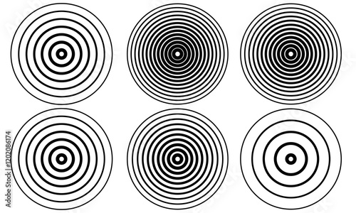 Circle black earthquake icon set. Round vibration graphic or black alert radar. Radio signal. Symbol of waveform burst rays. Concentric circles isolated on white background. Concentric circulation. 77