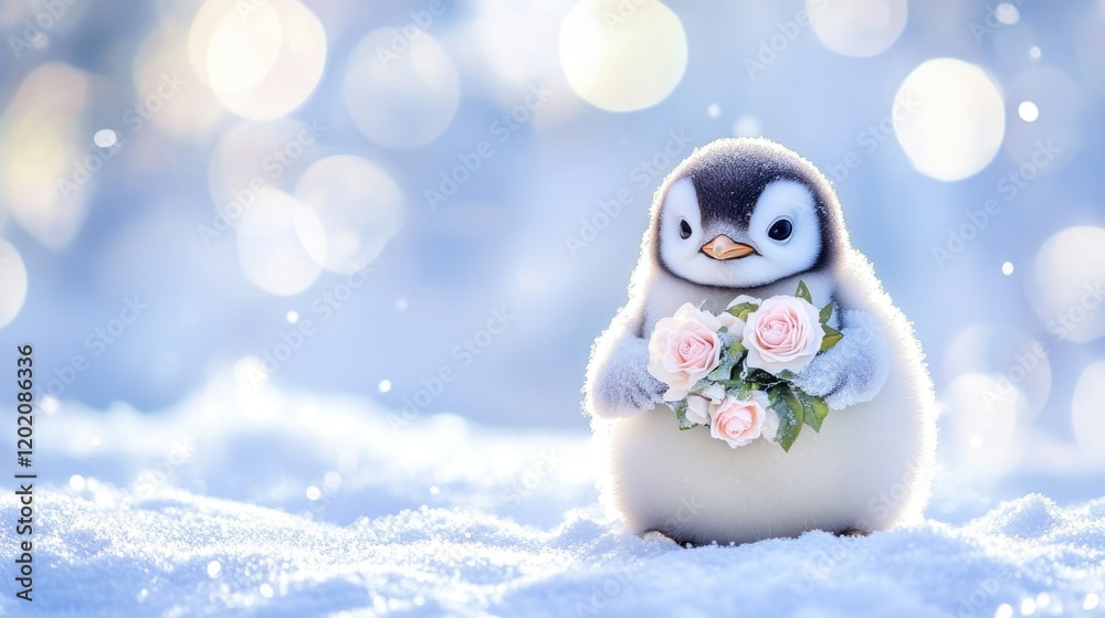 Obraz premium Adorable baby penguin holding roses in sparkling snowy landscape. The 14th of February. Happy Valentine's Day