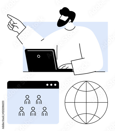 Person gesturing with laptop, web interface of user icons, and globe symbolizing teamwork, online communication, global reach, collaboration, technology, business strategy, and abstract line flat
