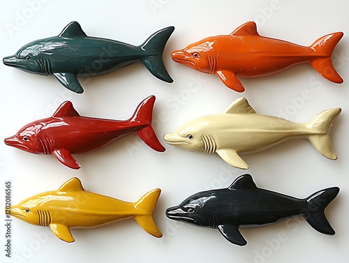 A brightly colored plastic marine animal set including a dolphin, whale, and shark, arranged neatly on a white surface. Each toy is captured in sharp focus, highlighting their vibrant colors  photo