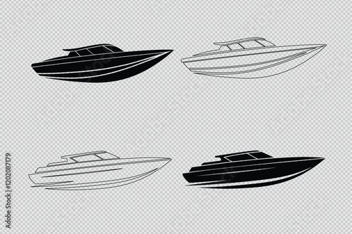 speed boat vector designs in silhouette and line art formats. Ideal for marine-themed projects, branding, or creative artworks