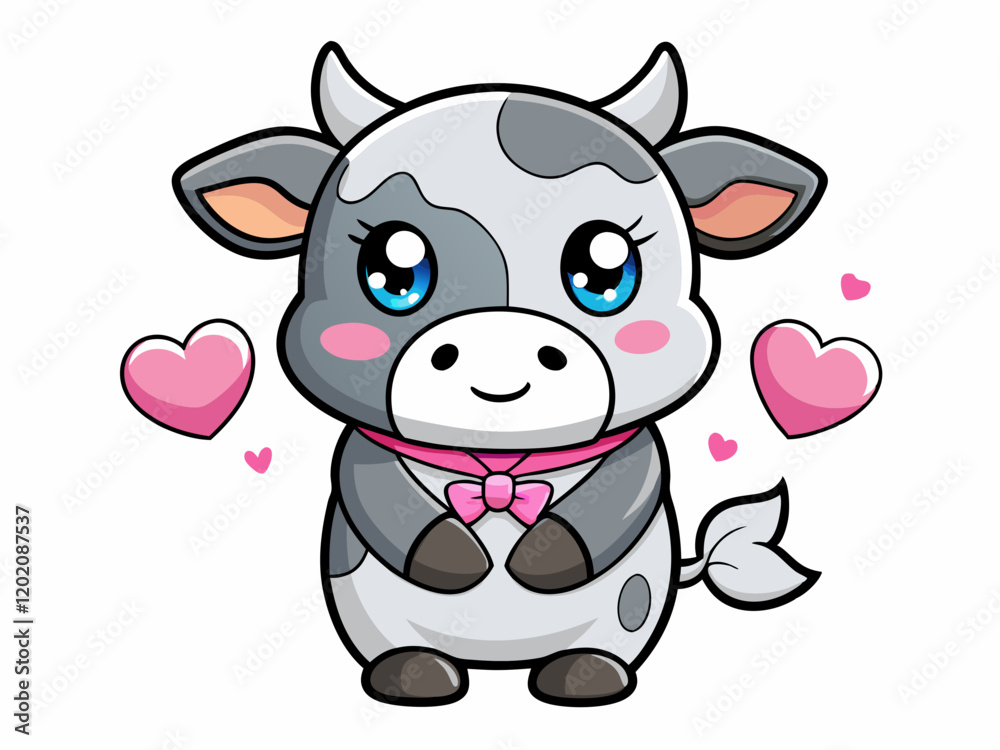 Obraz premium Cute cartoon cow with pink bow and heart in Valentine's Day kawaii style