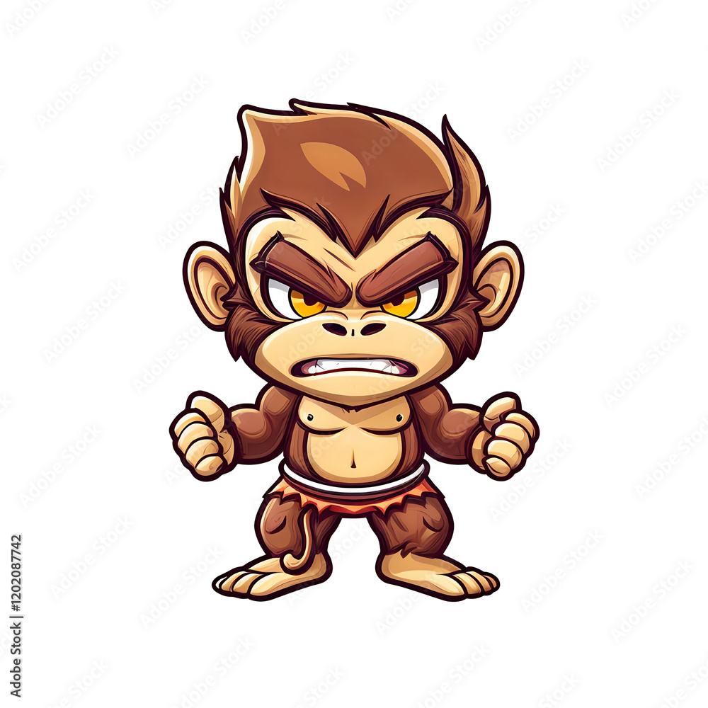 Fototapeta premium Angry Baby Monkey Cartoon: A cute yet fierce cartoon illustration of an angry baby monkey, flexing its muscles and glaring with intense golden eyes. Perfect for children's books, games.