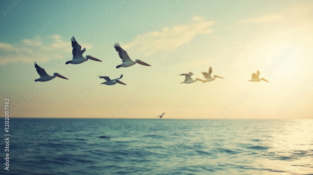 Fototapeta premium Pelicans Soaring at Sunset Over Tranquil Sea