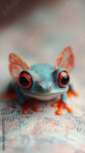 A colorful rubber frog toy with a shiny surface and expressive eyes, centrally placed on a clean white background. The toy is photographed with sharp focus, highlighting its vibrant green color  photo