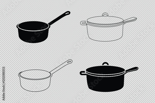 cooking pot vector illustrations in sleek silhouettes and line art. Perfect for culinary branding, recipe visuals, and creative kitchen-themed projects