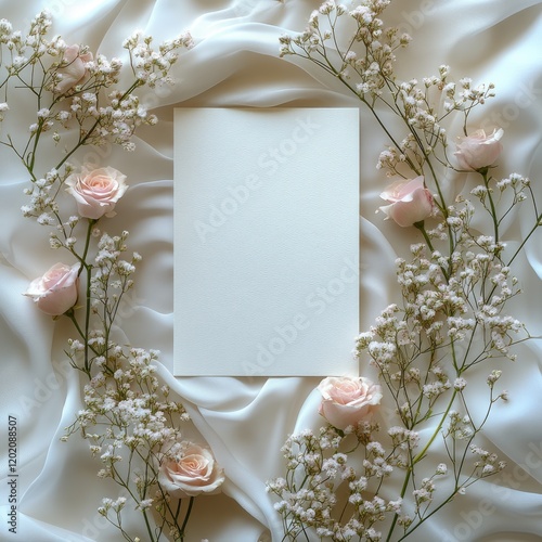Elegant Wedding Invitation Mockup with Blush Pink Roses and Baby's Breath on Cream Silk