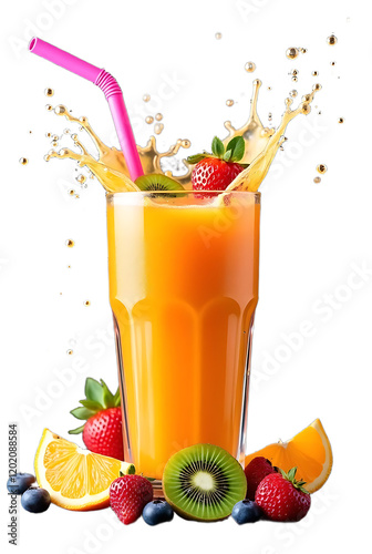 Fruits And Fruit Juices Psd Transparent, A glass of orange juice surrounded by various fruits Splash PSD on transparent PNG background
