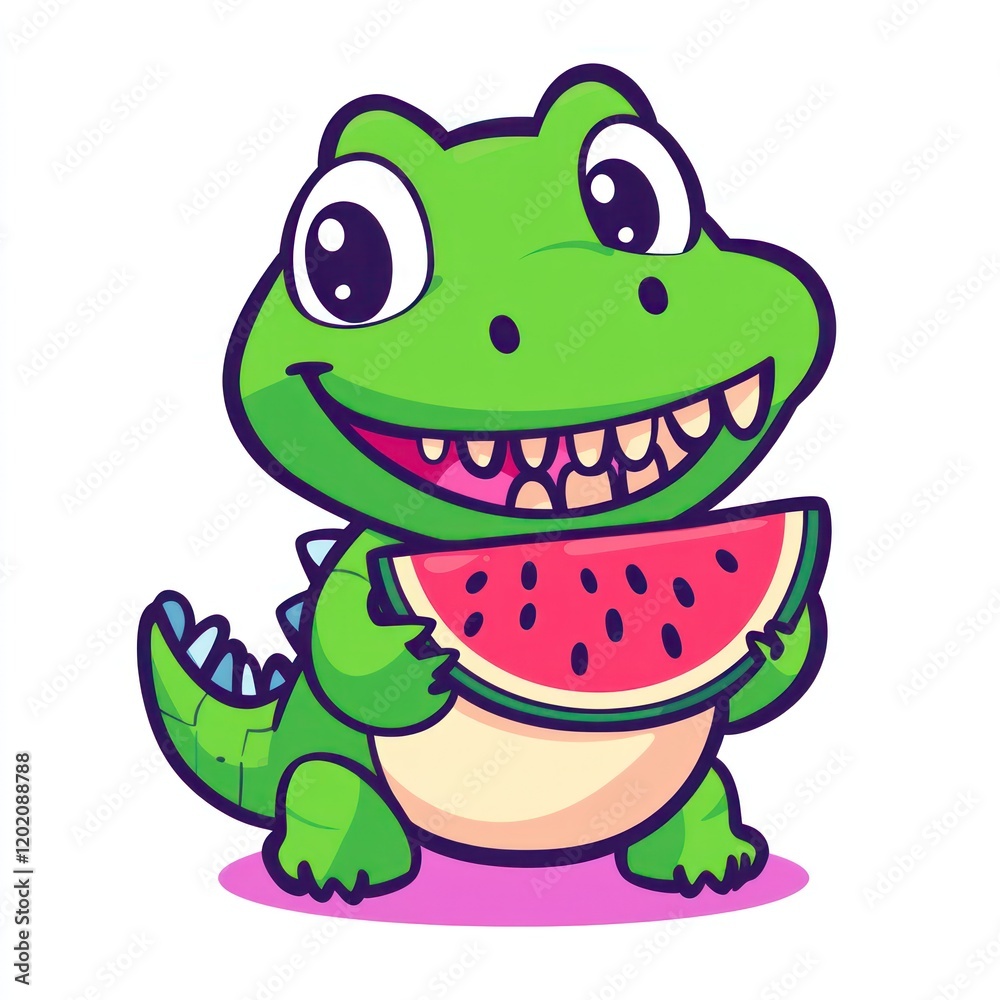 Fototapeta premium Happy crocodile enjoying watermelon slice, summer fun, cartoon illustration for kids' books