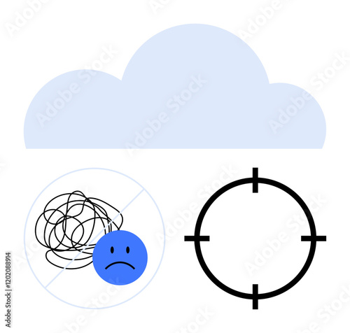 Cloud above a sad face and tangle representing frustration, not allowed symbol, and target focus circle. Ideal for mental health, emotional well-being, focus techniques, self-improvement, therapy