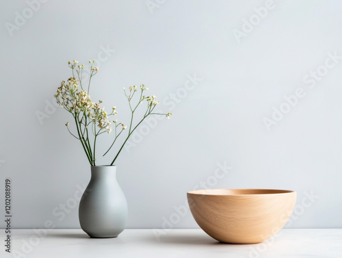 Wallpaper Mural Minimalist Still Life with Ceramic Vase and Wooden Bowl on White Background Torontodigital.ca