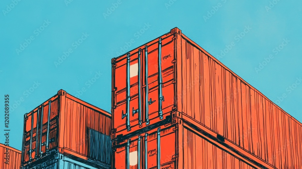 Fototapeta premium Stacked Shipping Containers Against Blue Sky Background