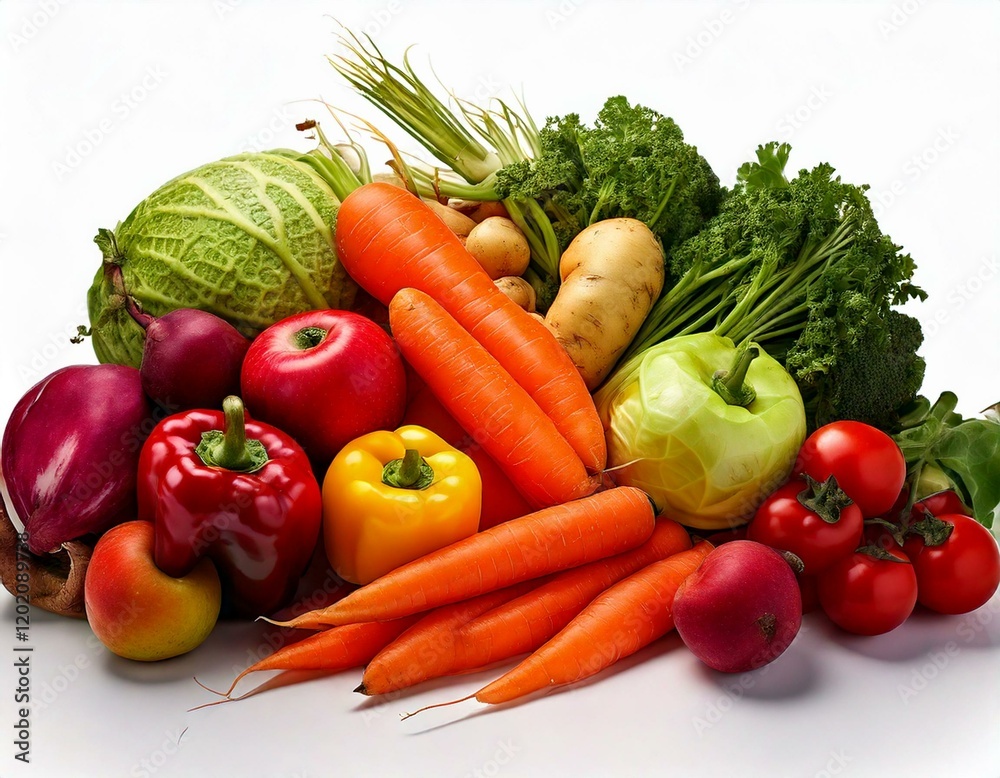 Freigestellte frische Obst- und Gemüsesorten auf weißem Hintergrund – Gesundheit und Ernährung Freigestellte frische Obst- und Gemüsesorten auf weißem Hintergrund – Gesundheit und Ernährung