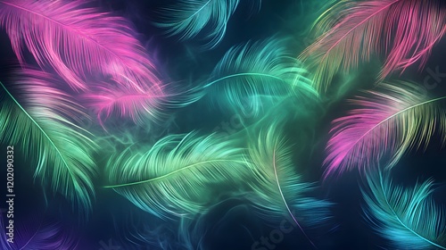 Neon Feathers Floating in Smoky Air
