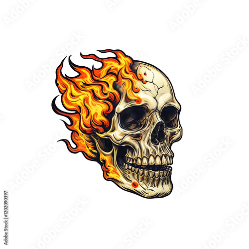 Fiery Skull: A detailed illustration of a human skull engulfed in a fiery blaze, the flames erupting from the top of the skull with a menacing energy.