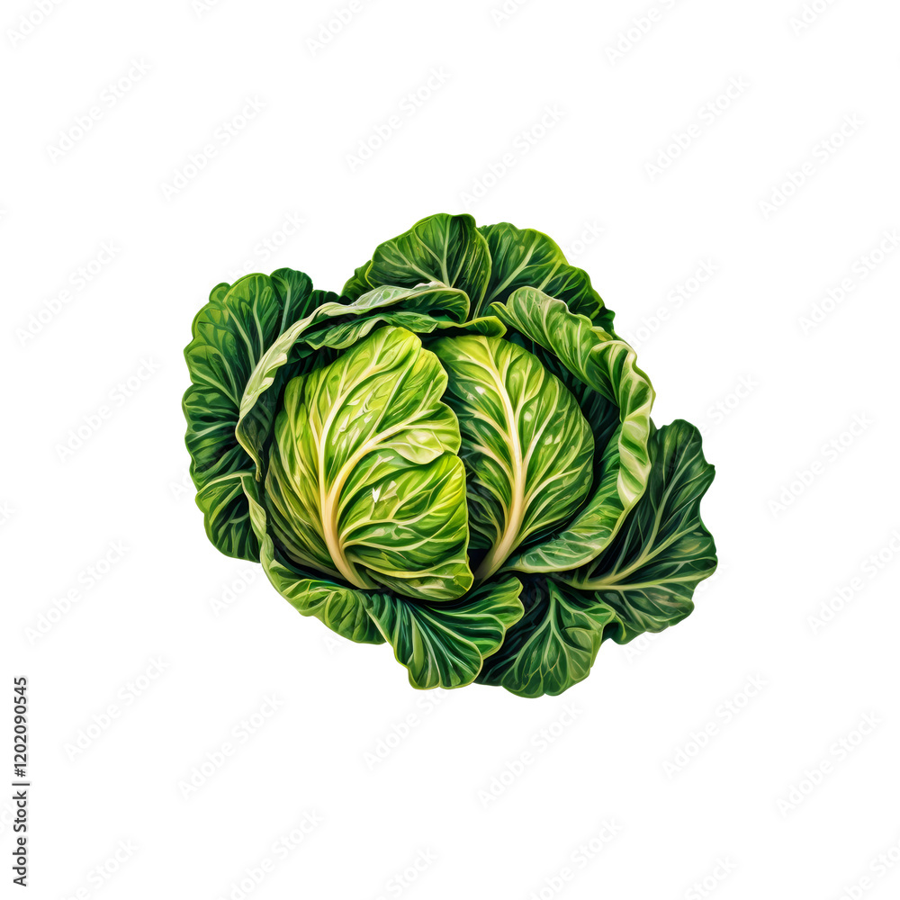 Fototapeta premium Fresh Green Cabbage: A vibrant, whole green cabbage, showcasing its tightly packed leaves and fresh, verdant color. Perfect for culinary or health-related content.