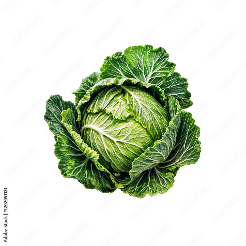 Fototapeta premium Green Cabbage: A vibrant and fresh green cabbage, its tightly packed leaves revealing a crisp interior, perfect for culinary inspiration. The cabbage sits against a plain background.