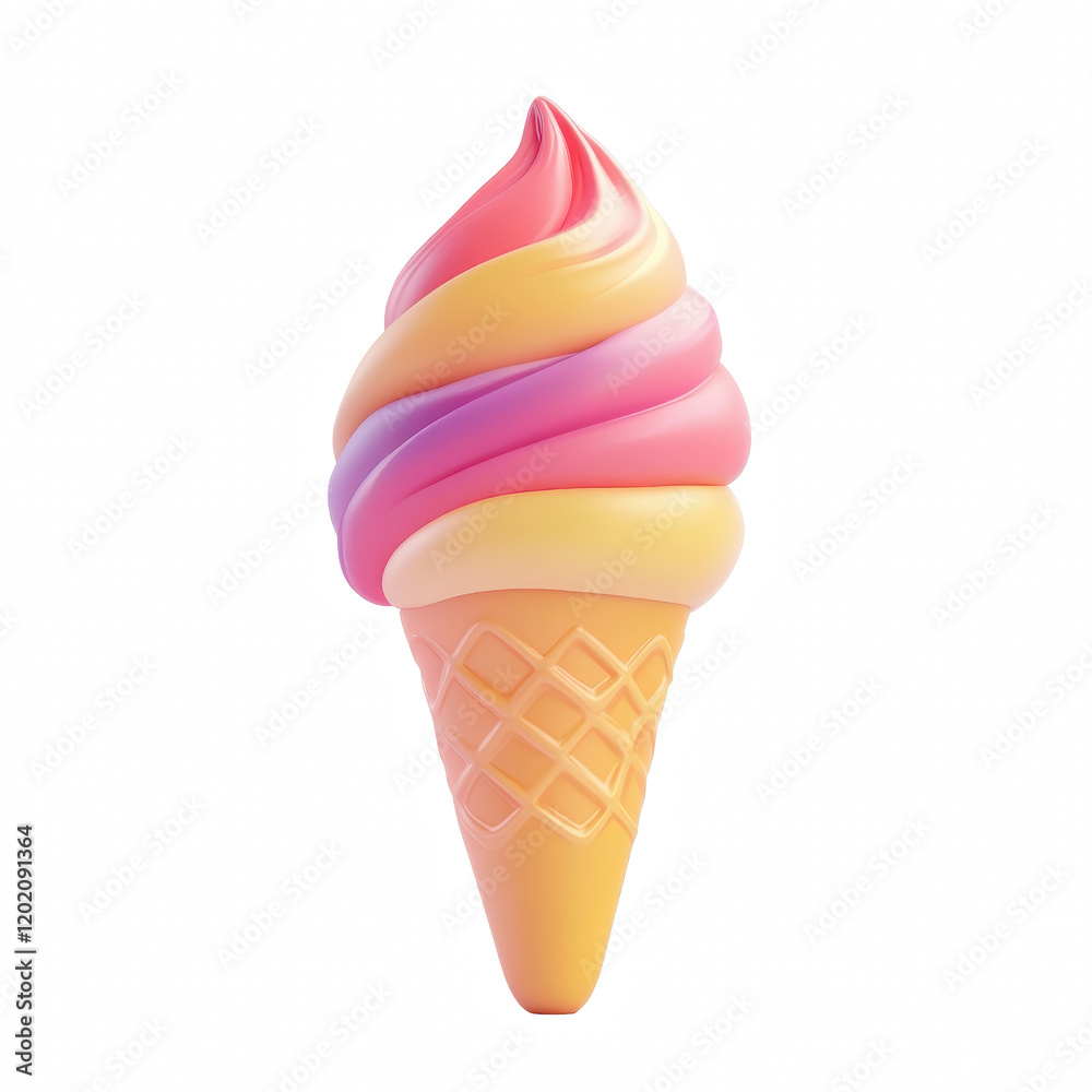 Sweet Swirl Ice Cream Cone: A vibrant, stylized 3D rendering of a soft-serve ice cream cone with swirls of pink, yellow, and purple, promising a delightful summer treat. Sweet Swirl Ice Cream Cone: A vibrant, stylized 3D rendering of a soft-serve ice cream cone with swirls of pink, yellow, and purple, promising a delightful summer treat.