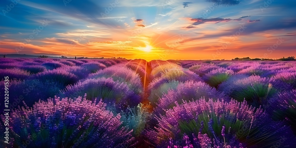 Fototapeta premium Wonderful nature vacation landscape amazing sunset scene blooming lavender flowers Moody sky pastel colors on bright landscape view 