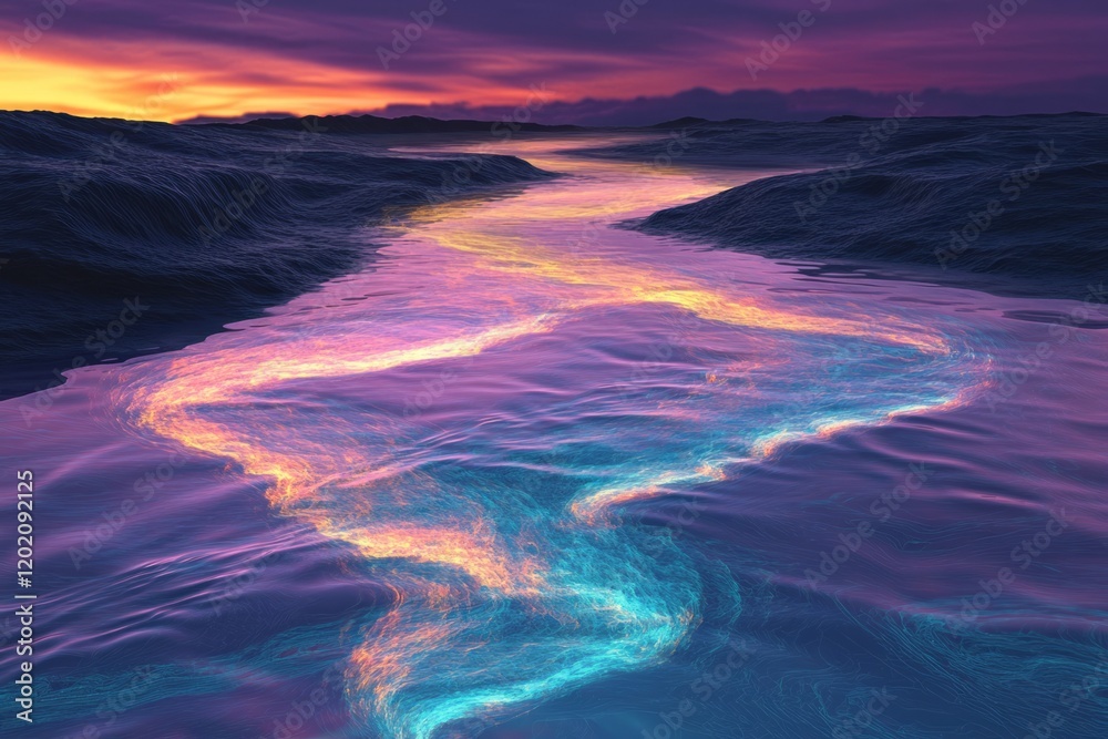 Fototapeta premium Surreal Sunset River Flows Through Alien Landscape