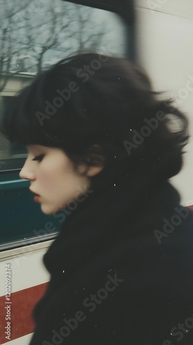 A young woman with short black hair is lost in thought on a winter train journey.
