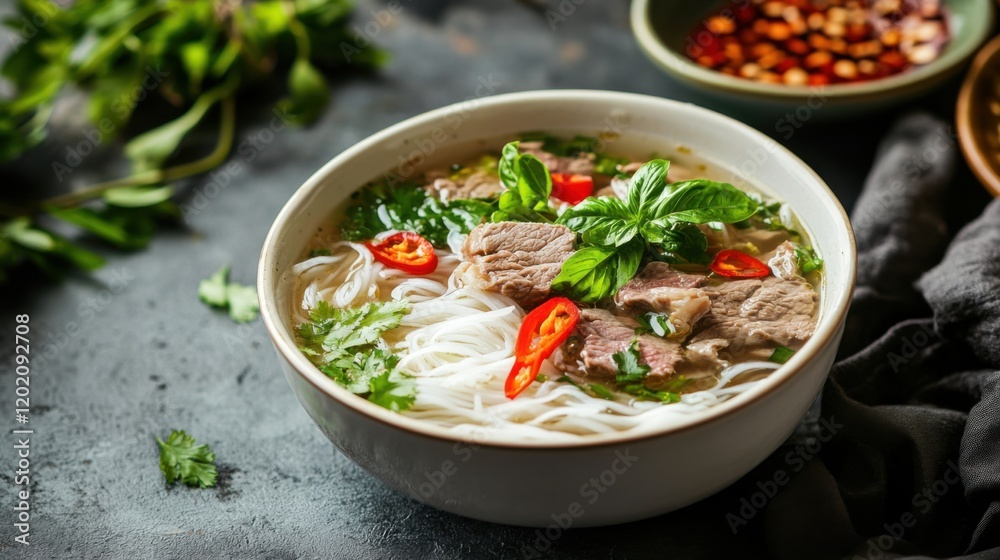 Image of rice and Vietnamese pho with beef and herbs in a traditional Vietnamese bowl, emphasizing aromatic and flavorful qualities. Ideal for Vietnamese cuisine and comforting soups. Image of rice and Vietnamese pho with beef and herbs in a traditional Vietnamese bowl, emphasizing aromatic and flavorful qualities. Ideal for Vietnamese cuisine and comforting soups.