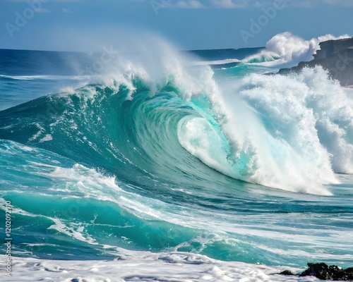 A big Ocean swell hits Waimea Bay on the north shore of Oahu Hawaii in the Winter of 2025 with waves up to 30 feet high
 photo