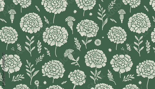 beige marigold flowers seamless vector pattern on green background