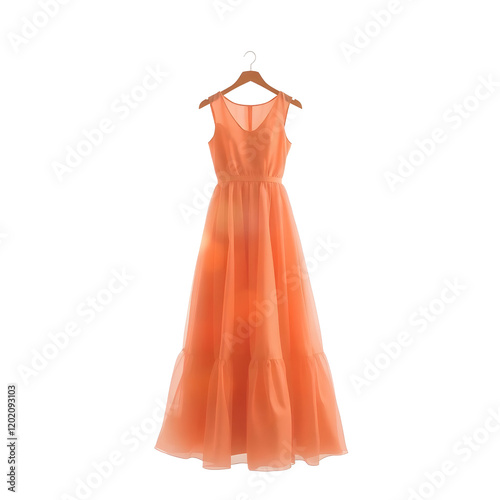 Elegant Orange Dress on Hanger Isolated on White Background