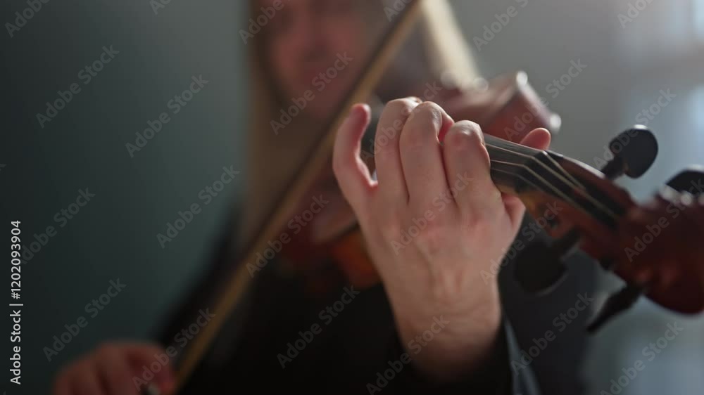 A musician in a black suit and with long hair masterfully plays the violin solo, immersing himself in an atmosphere of musical magic. A musician in a black suit and with long hair masterfully plays the violin solo, immersing himself in an atmosphere of musical magic.