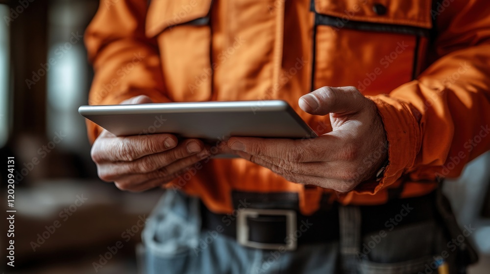 Construction Worker Using Tablet for Project Management and Communication in Modern Industrial Environment with Bright Orange Safety Gear