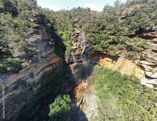 Wentworth Falls - Stunning Aerial Drone Footage of Cascading Waterfall in Blue Mountains, Australia photo