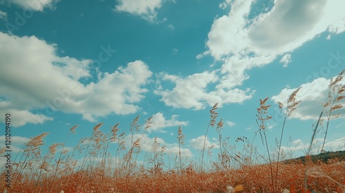 Sunny day, field grasses, blue sky, fluffy clouds. Nature scene, summer landscape photo