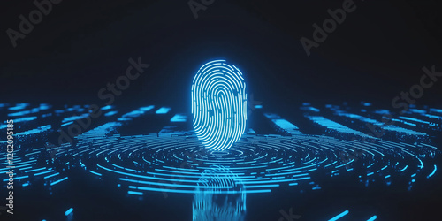 Futuristic Digital Fingerprint with Neon Glow and Circular Waves on Dark Background for Modern Technology Concepts and Security Innovations