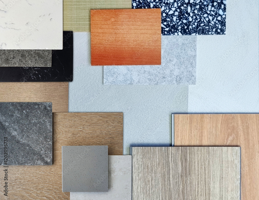 Fototapeta premium close up view of interior materials mood and tone board contains tiles, wooden veneer, vinyl flooring tiles, artificial stones, concrete laminated, black terrazzo. materials scheme for selection.