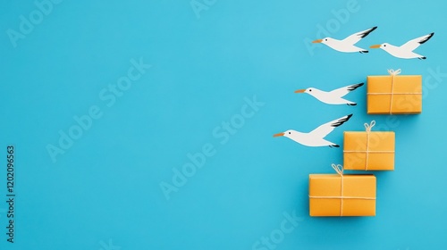 Bright Yellow Gifts and Birds on a Bold Blue Background