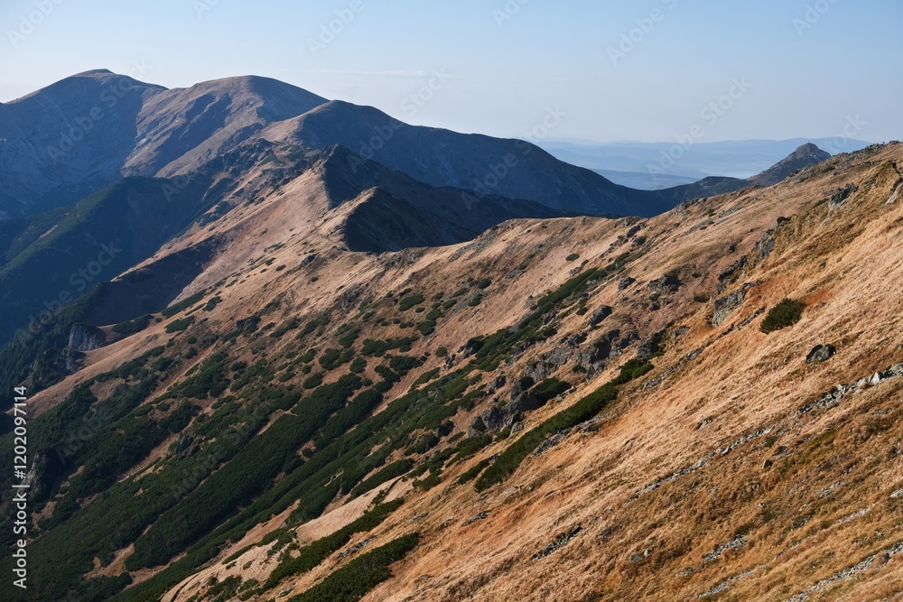 Autumn mountain views on trail from Swinica Peak to Kasprowy Wierch Peak. Tatras Mountains, Poland