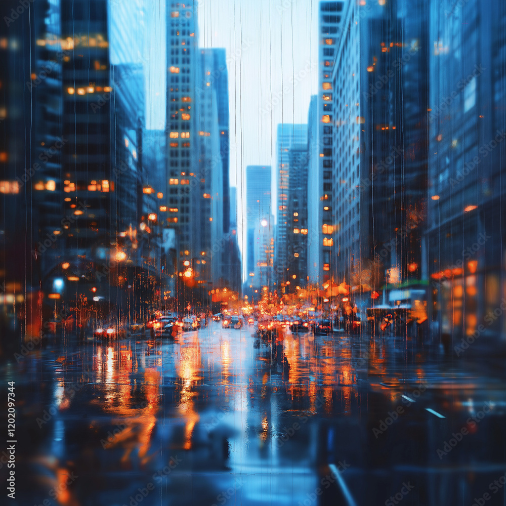 A Scenic View of a Modern Urban Street with Skyscrapers and Reflections on a Rainy Day A Scenic View of a Modern Urban Street with Skyscrapers and Reflections on a Rainy Day