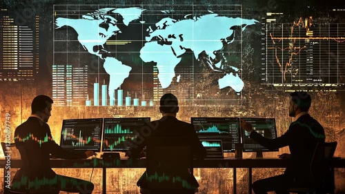 businessmen sitting at a table in front of multiple computer screens displaying data and graphs, working on laptops with high-tech screens showing real-time global market trends 