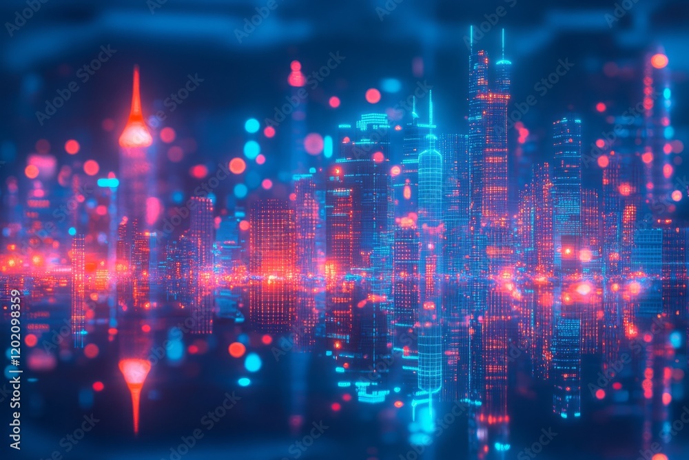 Futuristic Cityscape Neon Lights Digital Skyline