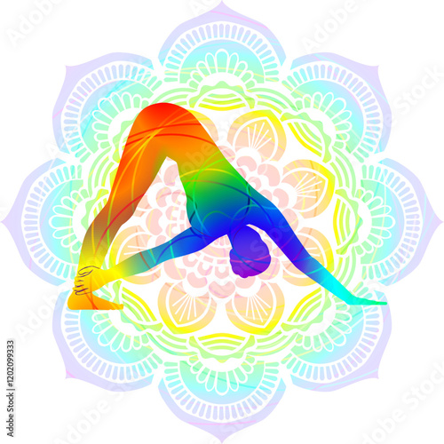 Colorful silhouette of woman practicing Parivritta Adho Mukha Shvanasana yoga pose. Revolved Downward Facing Dog pose. Isolated vector illustration